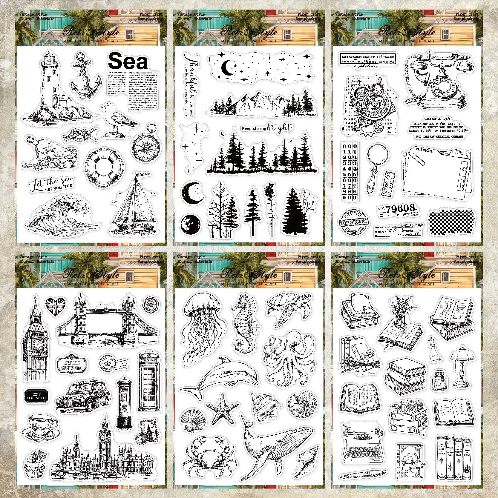 Vintage Forest Building Sea Animals Landscape Transparent Silicone Stamp Creative DIY Journal Student Supplies Stationery