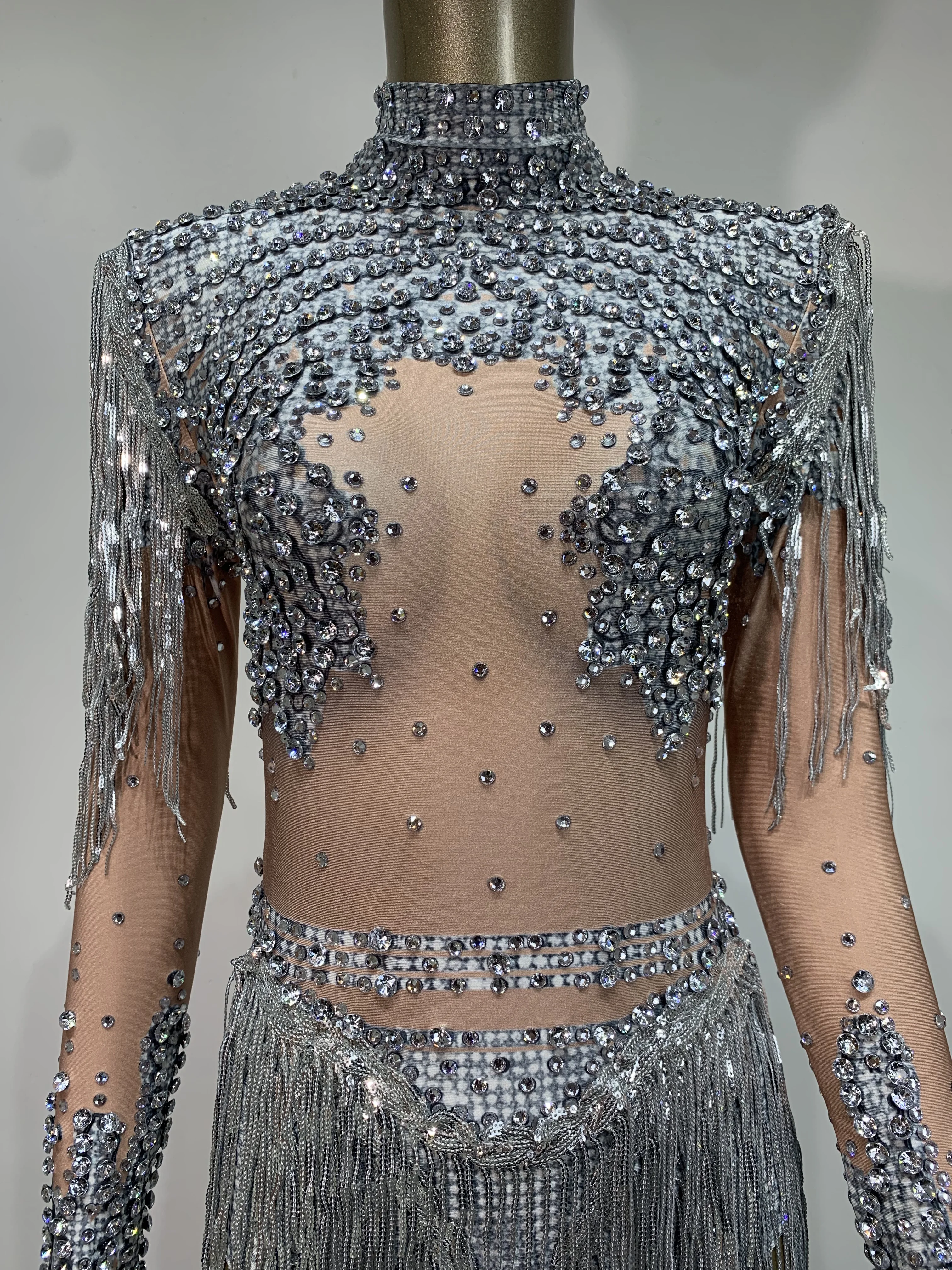 Damskie błyszczące body z dżetami, cekinami i frędzlami, elastyczne, nowość 2025, na przyjęcie urodzinowe, do klubu nocnego, na scenę DJ-a, kostium do występów.