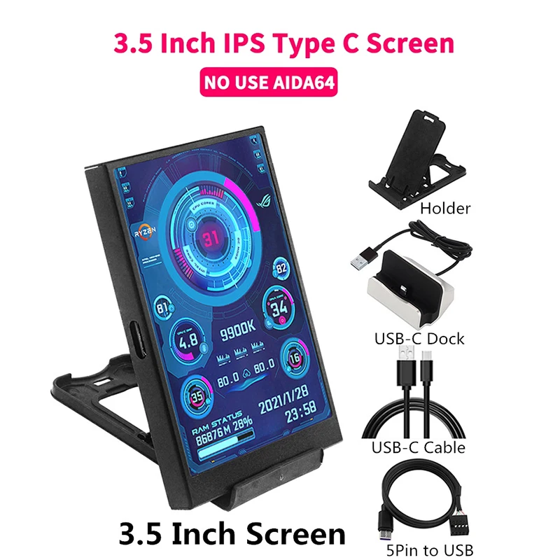3.5 Inch IPS Type-C Secondary Screen Mini Computer CPU GPU RAM HDD Monitor USB Display No Need Use AIDA64 For Windows 10 11