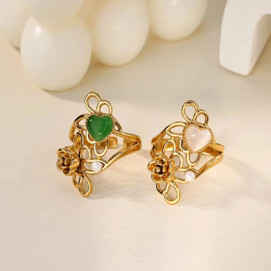 Luxuriöse Geometrische Blumen-Naturstein-Ringe für Frauen Edelstahl Imitationsperlen Herzring Hochzeit Party Schmuck Geschenk