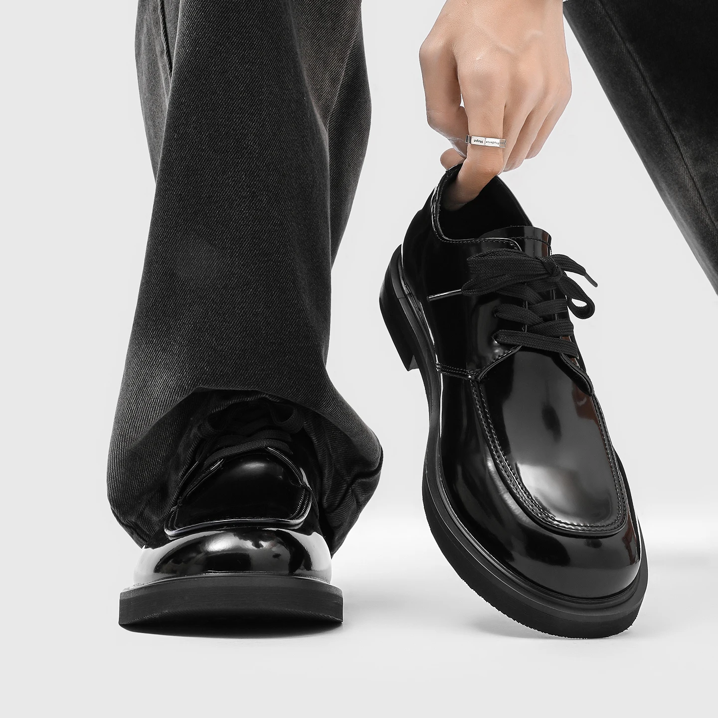 Men Patent Leather Derby Shoes Chunky Sole Glossy Lace Up Formal Dress Shoes British Style Thick Bottom Casual Footwear Black Br