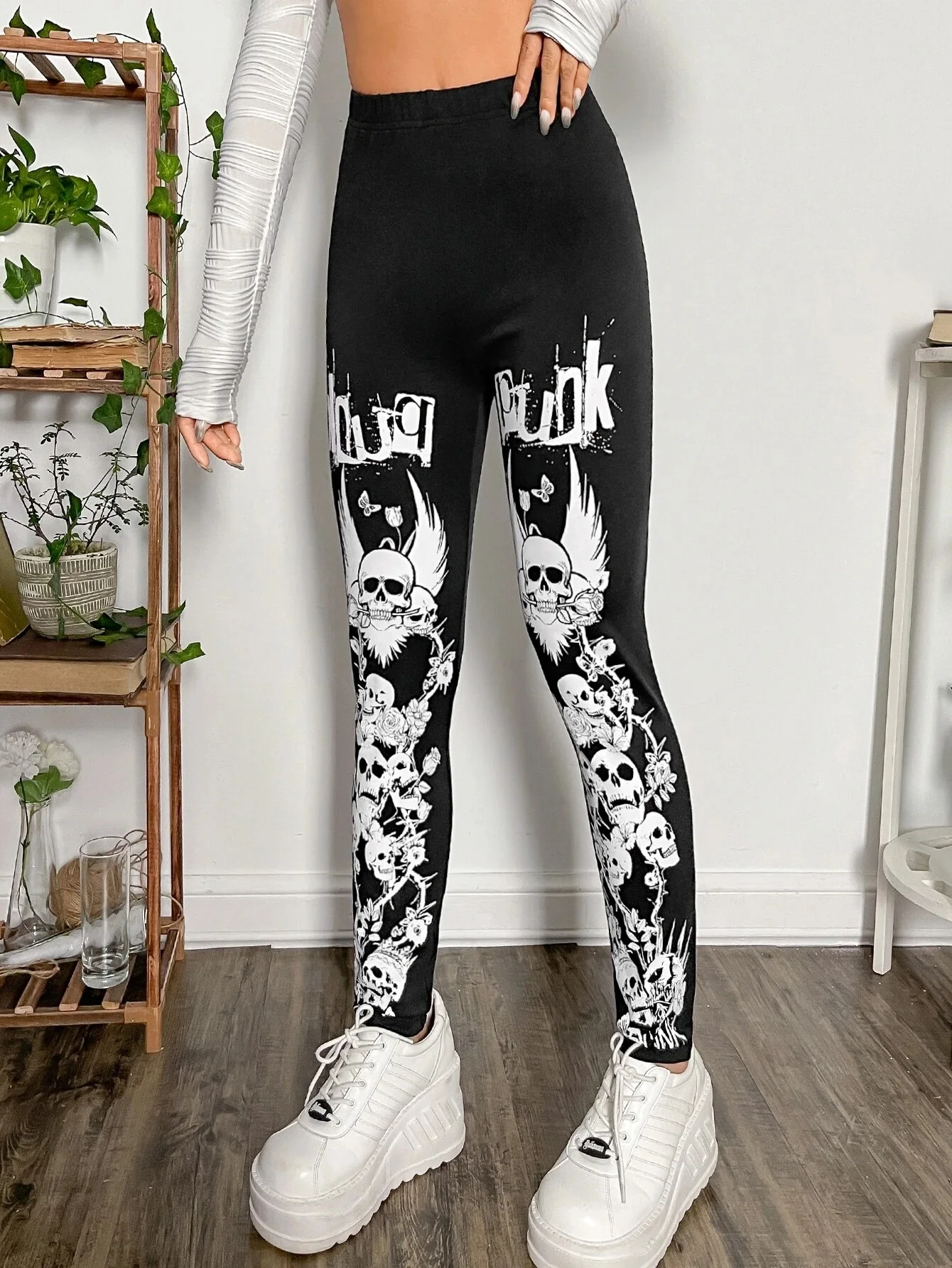 Halloween skull print tight-fitting leggings women with dark Goth style tights solid color slim-fit nine-point pants women