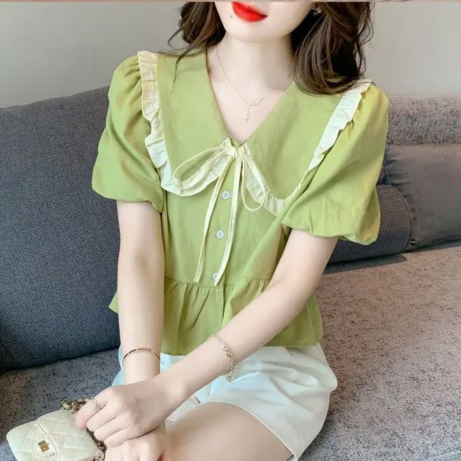 

Женский топ с короткими рюшами, тонкий дизайн, шифоновая рубашка с кукольным вырезом и коротким рукавом