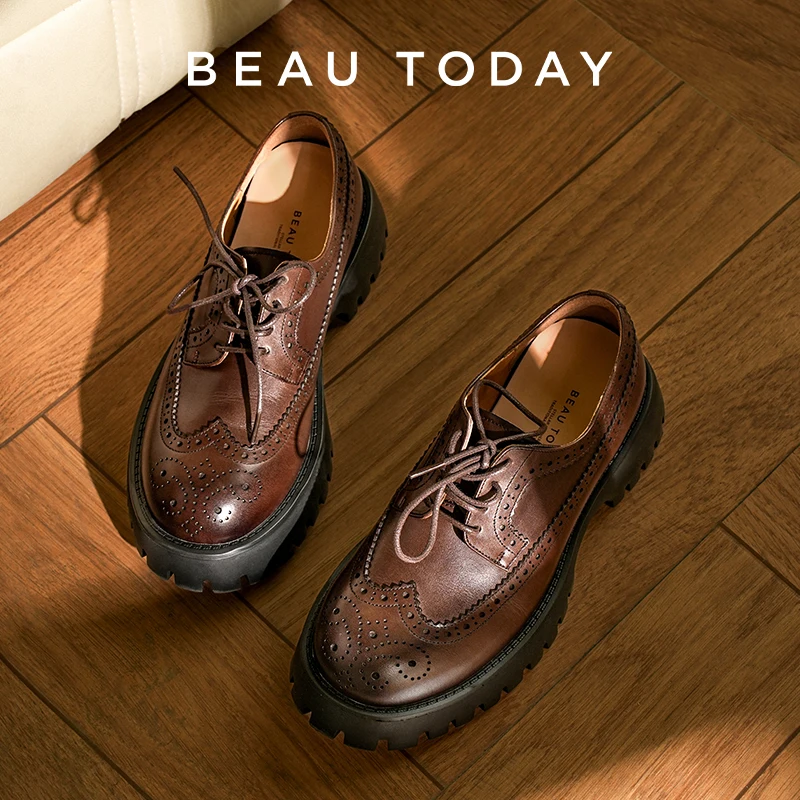 BEAUTODAY Classical Loafers Women Calfskin Solid Color Round Toe Thick Sole Brogue Pattern Lace-Up Ladies Flats Handmade  21710