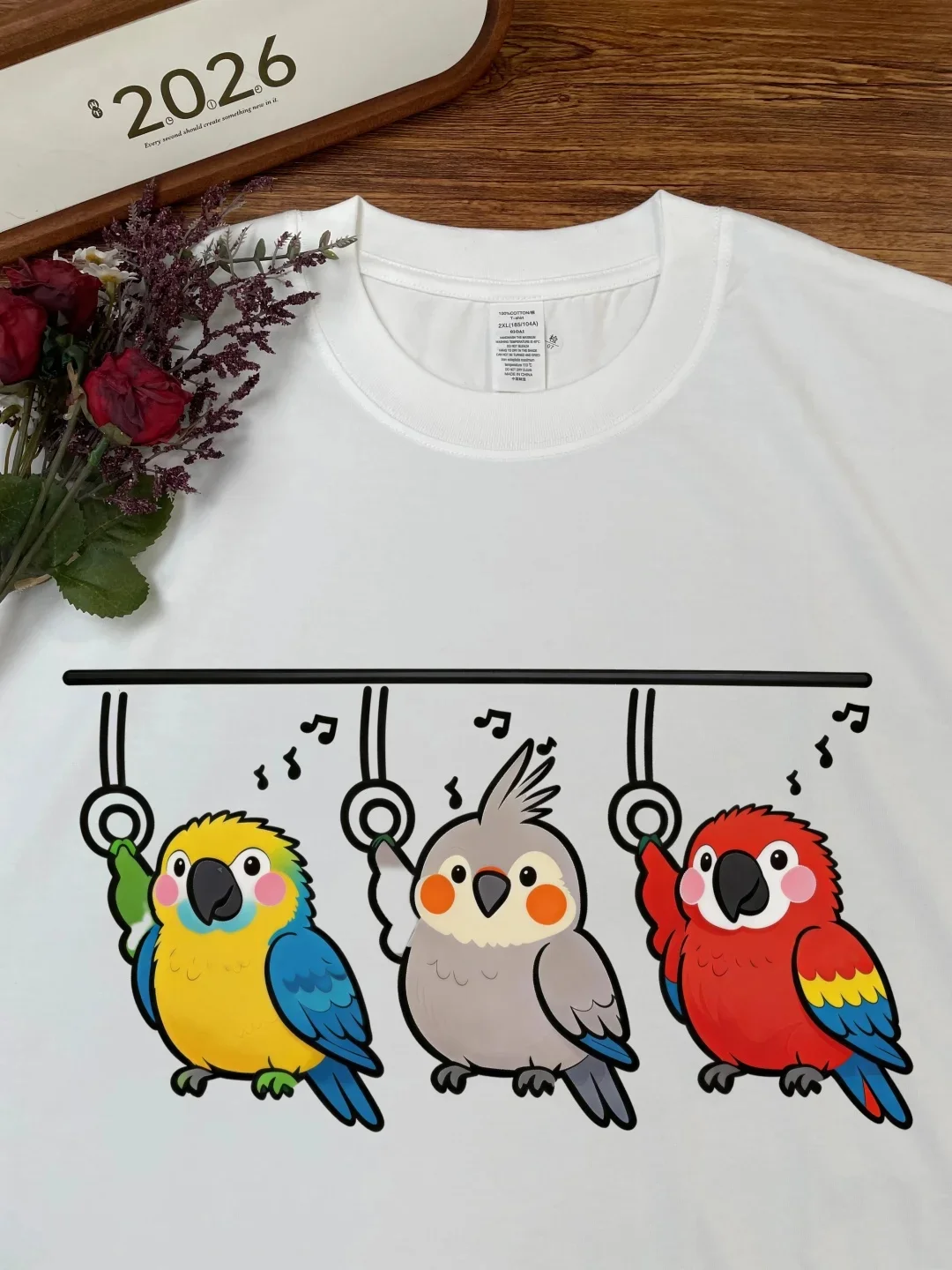 Unisex Cotton T-Shirt Summer Breathable Short Sleeve Print Cute Pet Parrot Claw Hanging Ring Men's Women's Fashion Brand Top