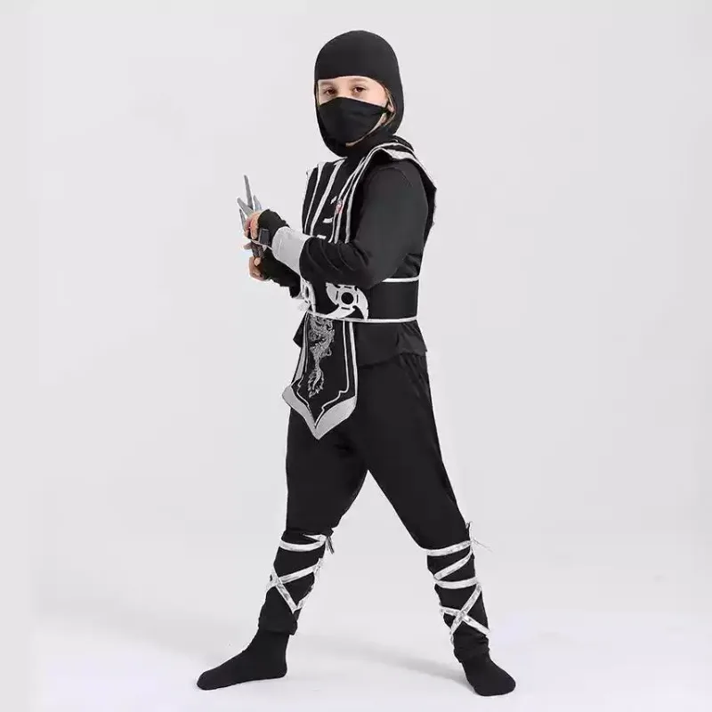 Kids Silver Ninja Cosplay Costume Warrior Outfit Complete Set for Halloween Carnival Theme Party Role‑Play Fancy Dress‑Up