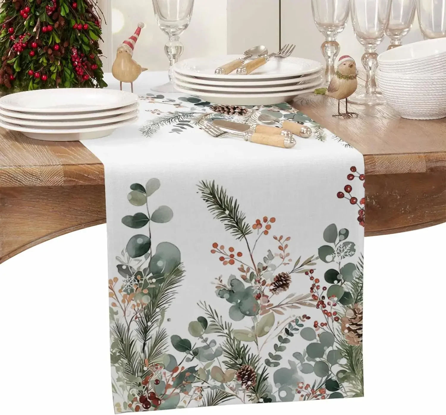 Christmas Botanical Pinecone Eucalyptus Leaves Linen table runners Dining Room decor reusable table runners xmas decorations