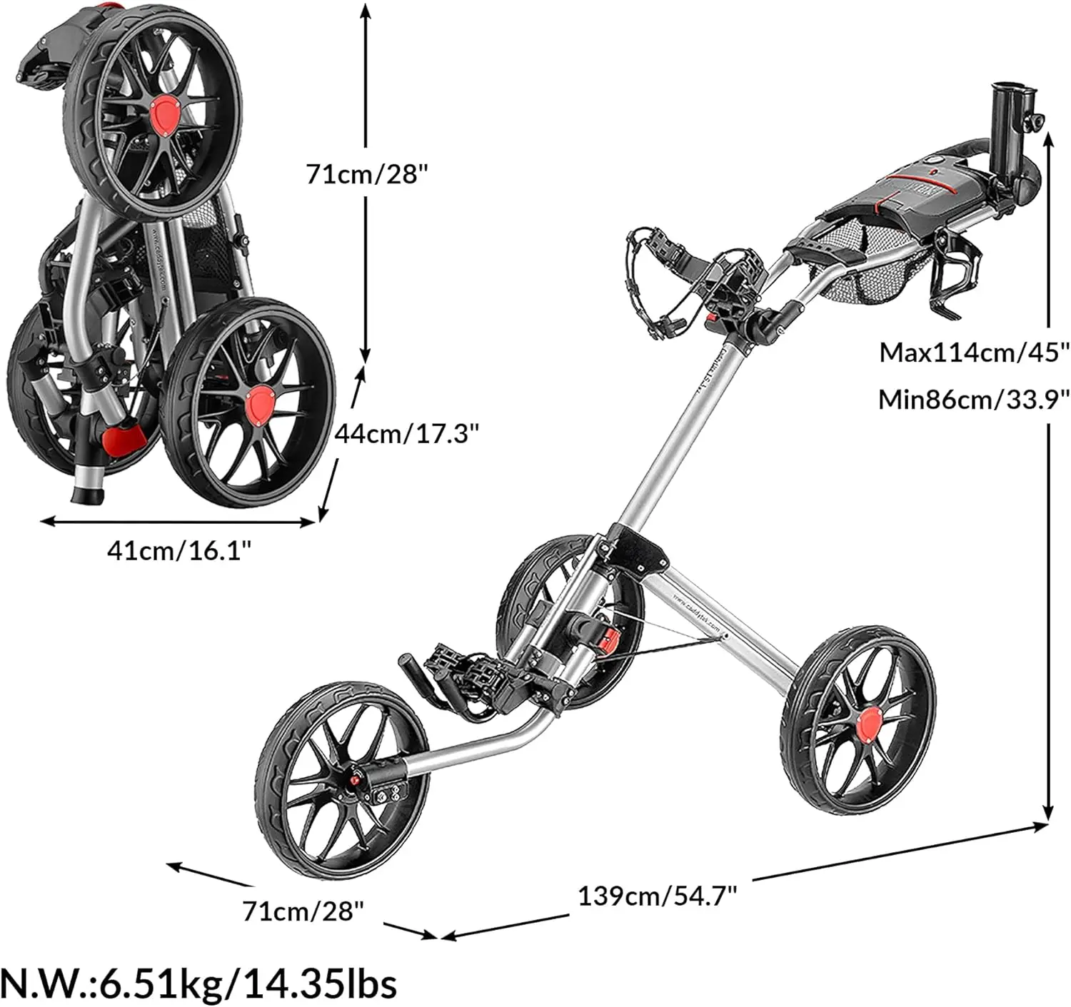 Carro de golf, tres ruedas grandes sin mantenimiento EVA de 11,5 "x 2,6" con rodamientos de bolas que proporcionan un cuerpo perfecto de 28 pulgadas de ancho