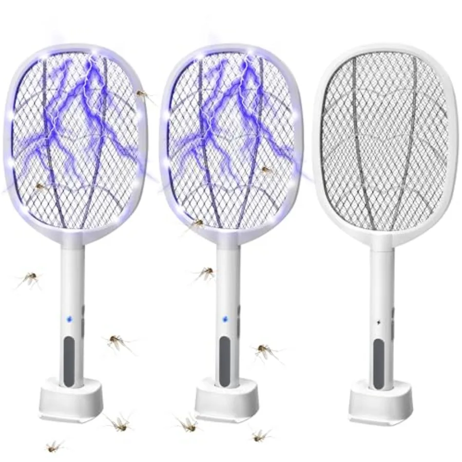 

3 Packs Electric Fly Swatter Rackets 2-in-1 Handhold Bug Zapper with 3000V High Voltage Plug-in Mosquito Killer Insect Light Tr