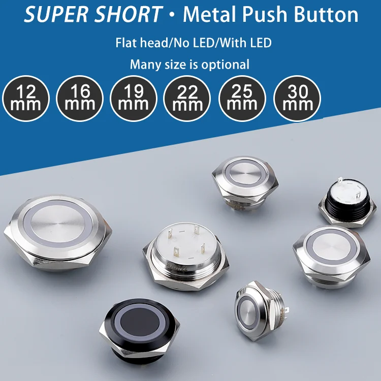 ABILKEEN 12/16/19/22MM Flat Round Head Momentary Function 1NO Metal Push Button Ultra-Thin Button Switch with LED Ring