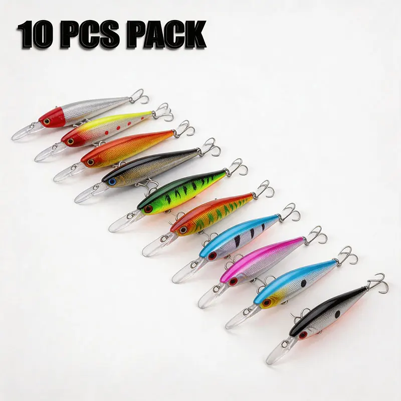 10Pcs Minnow Fishing Lure 10.5cm 9.5g Hard Baits Rattles Sound Barbed Treble Hooks Crankbait Swimbaits for Pike Bass Muskie