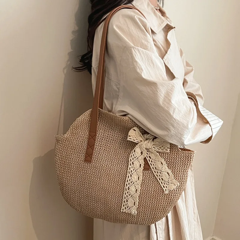 

Вместительная плетеная сумка из соломки для женщин, новая однотонная простая плетеная сумка через плечо, сумка для отдыха на море