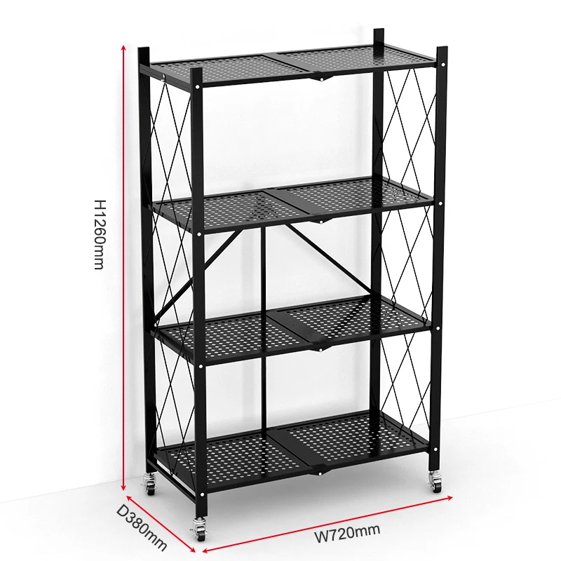 Four-Layer Multifunctional Metal Shelves Folding Storage Rack with Wheels