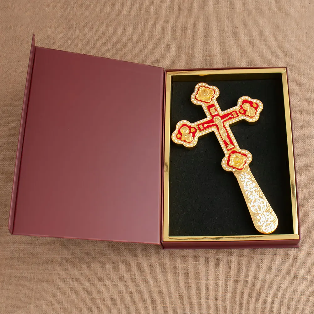 New Orthodox Church Cross Pastor Father Handheld Cross Prayer With Jesus Crucifix Gold Planting Crystal Cross Religious Box Gift