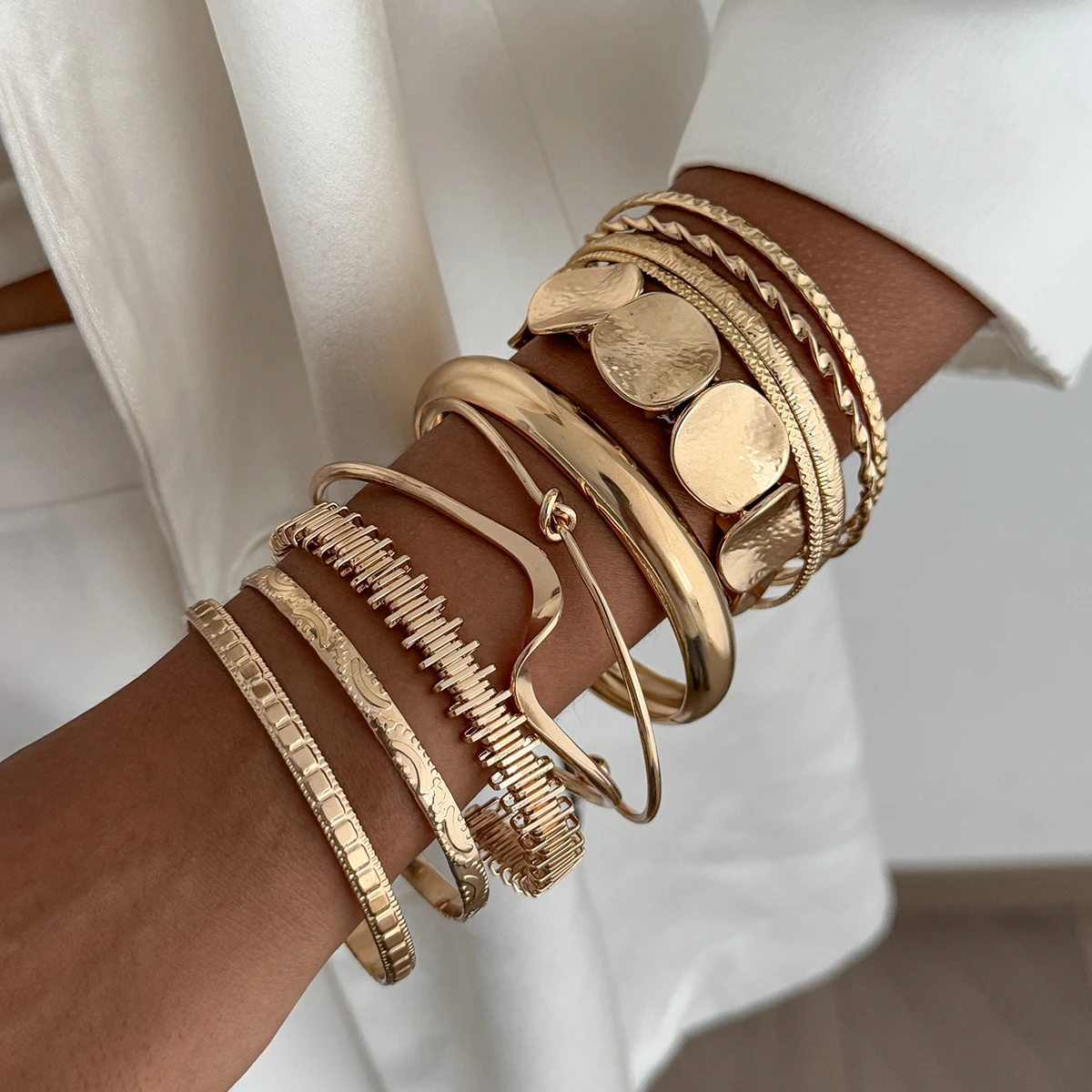 IngeSight.Z 11 Pcs/Set Trendy Simple Stackable Metal Bracelet Bangles Women Retro Gold Color Geometric Twist Bracelets Jewelry