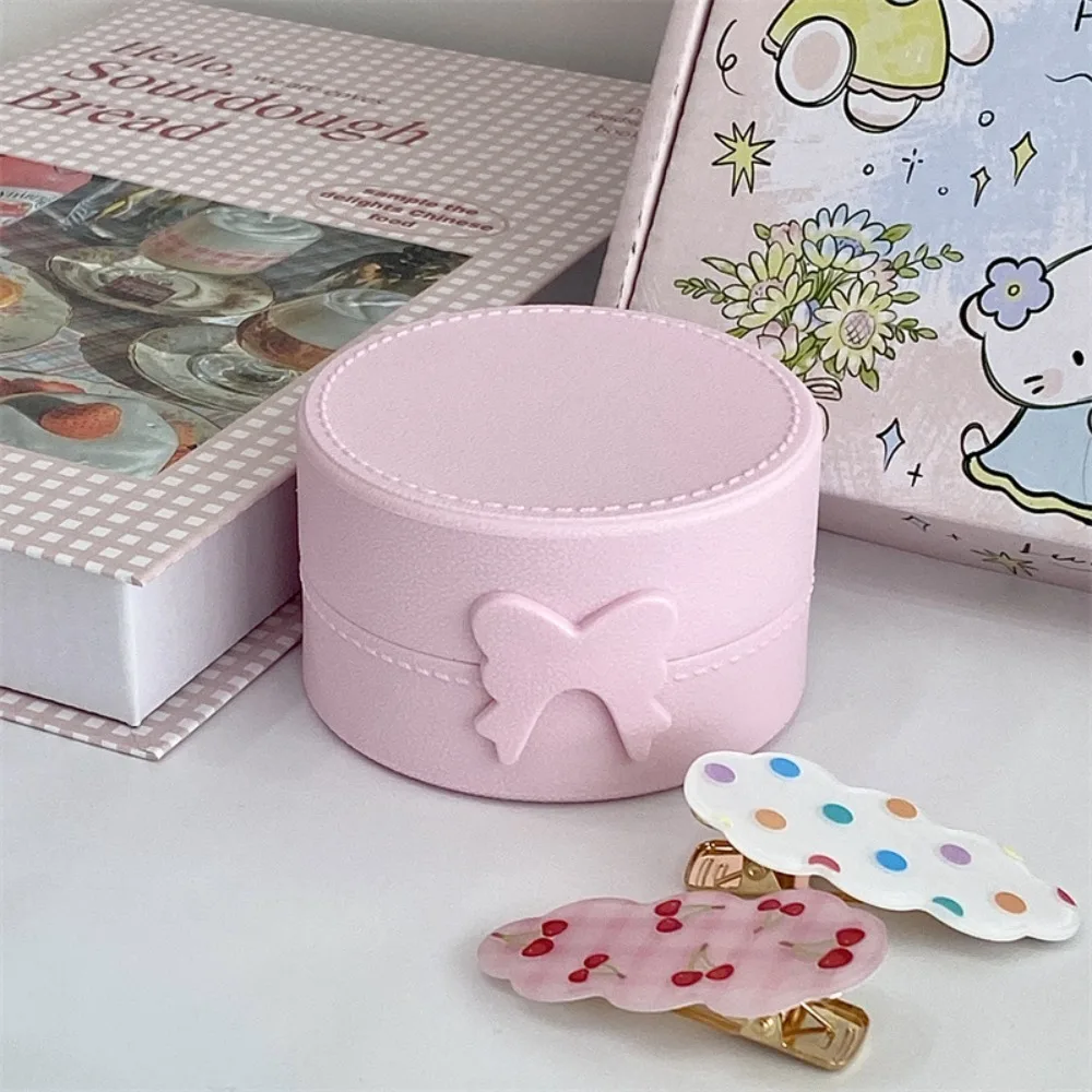 Portable Cute Cartoon Ring Earrings Box Dustproof Bow Pony Hairpins Storage Box Hair Accessories Round Display Box