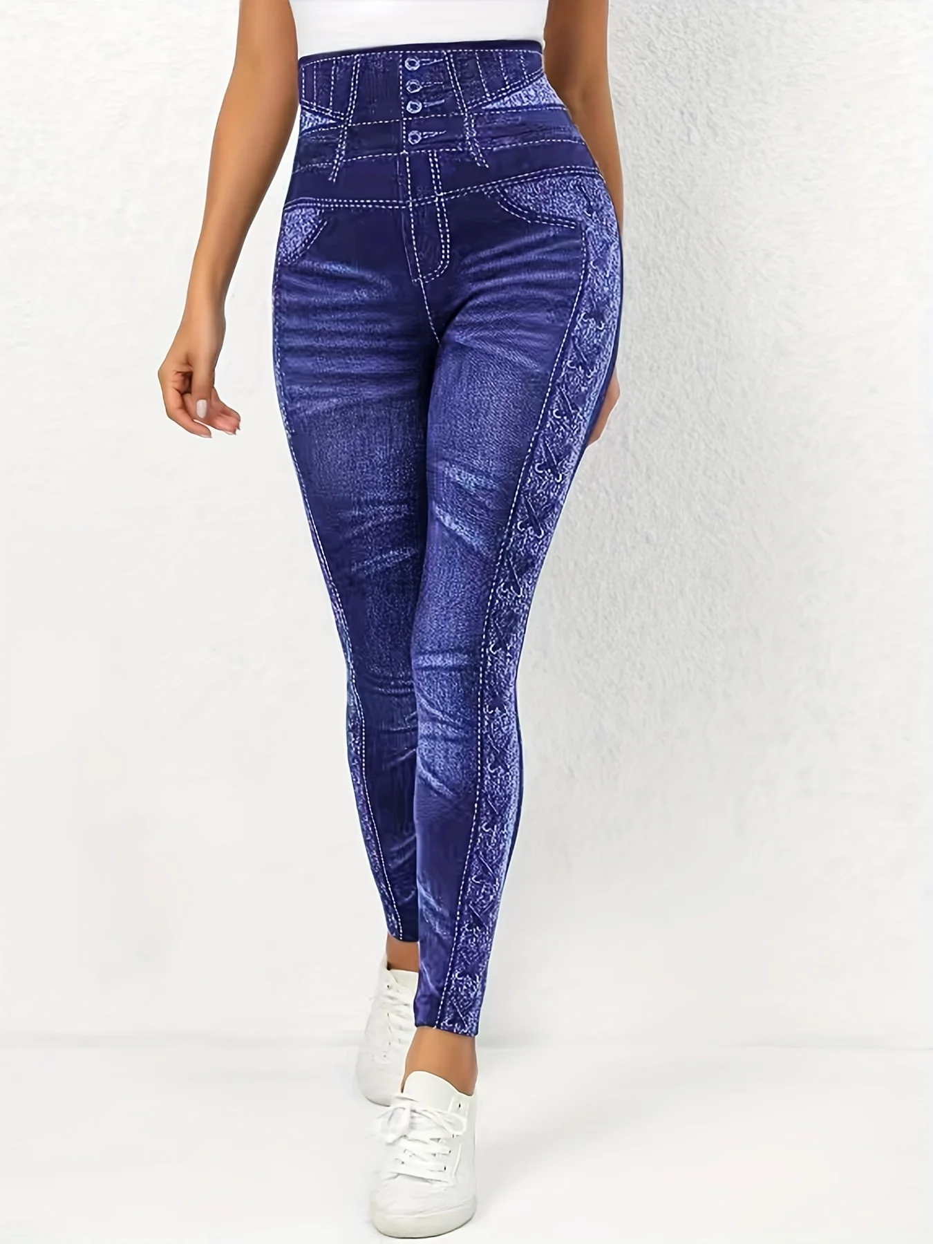 Plus Size Patchwork High Waisted Leggings Fashion Faux Denim Skinny Pants Calf Pants For Women