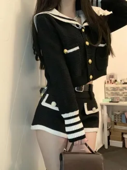 الحلو بحار طوق كم طويل سترة مشغولة من الصوف القمم عالية الخصر سليم صالح السراويل للنساء 2025 الخريف جديد قطعتين مجموعات