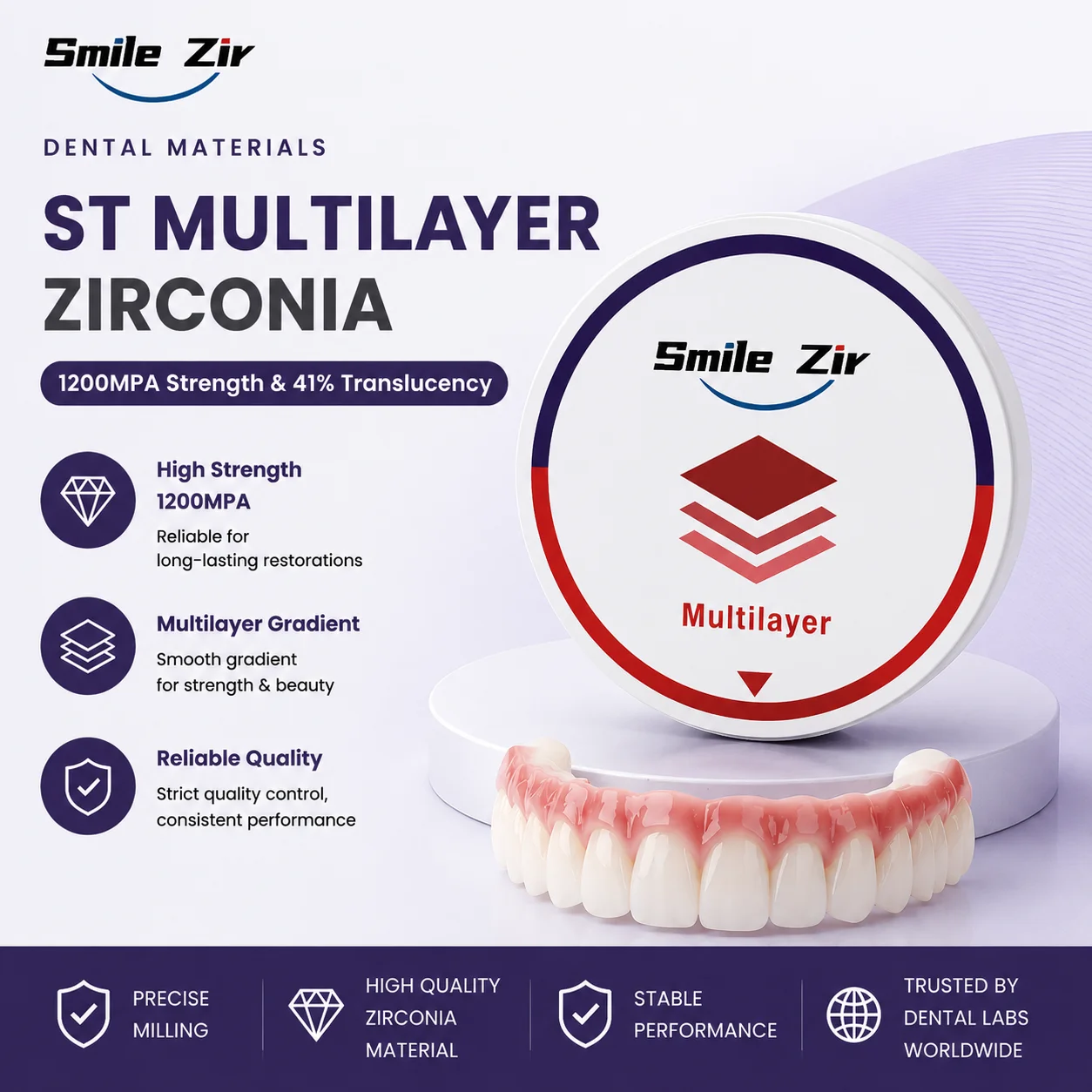 ST ML 3D Multilayer Zirconia Block CAD/CAM Dental Ceramic Disc 98/95/AG for Crown, Veneer & Bridge, Suitable for Full Arch