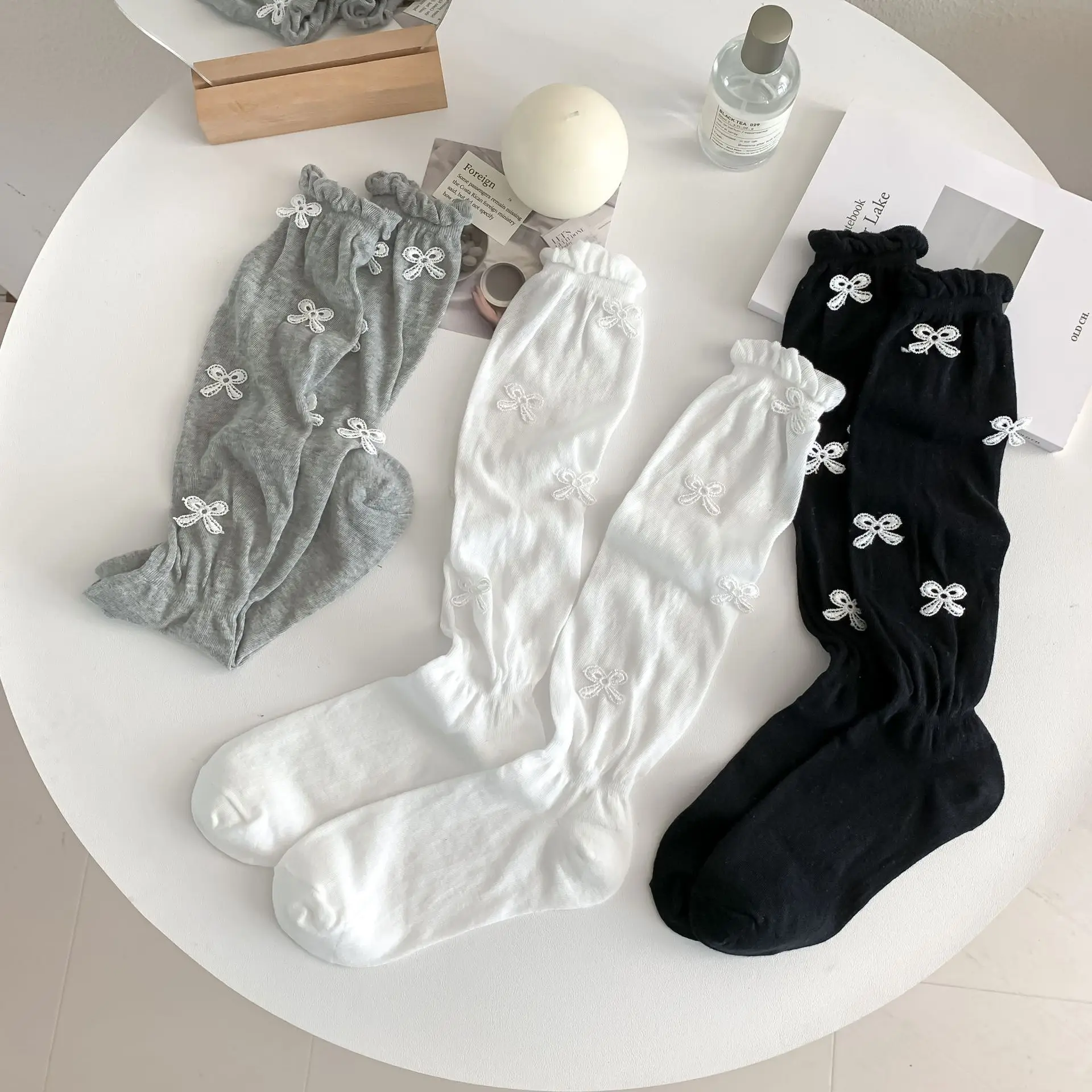 

Sock Woman Summer Ballet Style Korean Ins Bow Knit Socks Micro Permeable Bubble Mouth JK Pile Calf Socks Suitable Matching Skirt