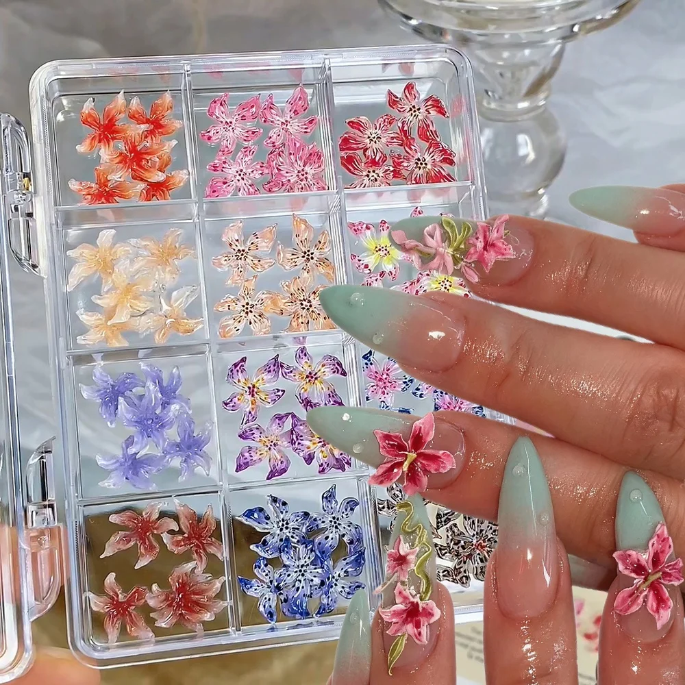 60pcs/Box 3D Ice Crystal Flower Design with Leopard Print Nail Art Charms Lily Flower Nail Art Decor Acrylic Floral DIY Manicure