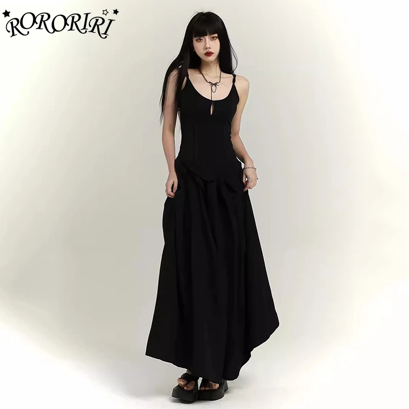 Rororiri aus geschnitten Frauen Maxi lange schwarze Kleid Stich solide lässige Spaghetti träger O-Ausschnitt Sommer einteilige Steampunk Goth Kleidung