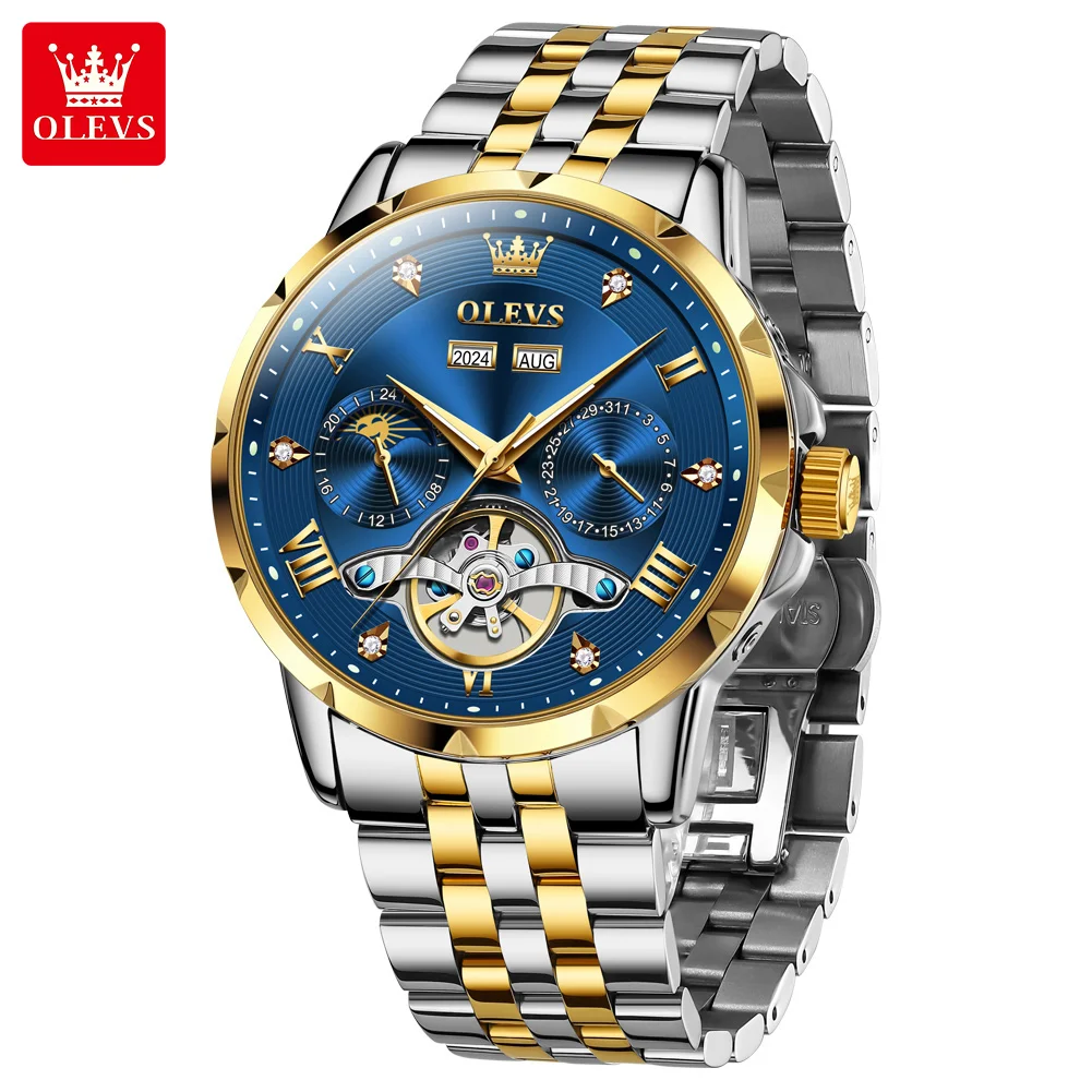 OLEVS Skeleon Flywheel Automatic Mechanical Watch for Men Stainless Steel Waterproof Moon Phase Auto Date Week Luxury Man watch