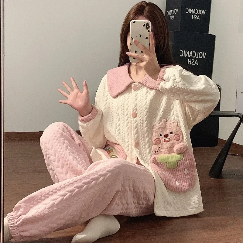 Autumn Winter Pajamas Womens Air Cotton Thicken Home Clothes Sweet Doll Collar Cardigan Loungewear Long-Sleeved Trousers Outwear