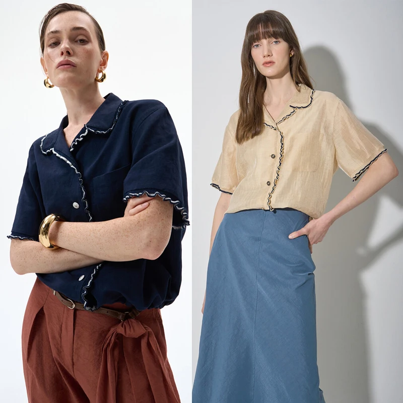 

French Sle Loose Fit Linen irt Women's ort Sve Dstring Knitted Lace Collar Color Blo Summer Faion Premium Qua...