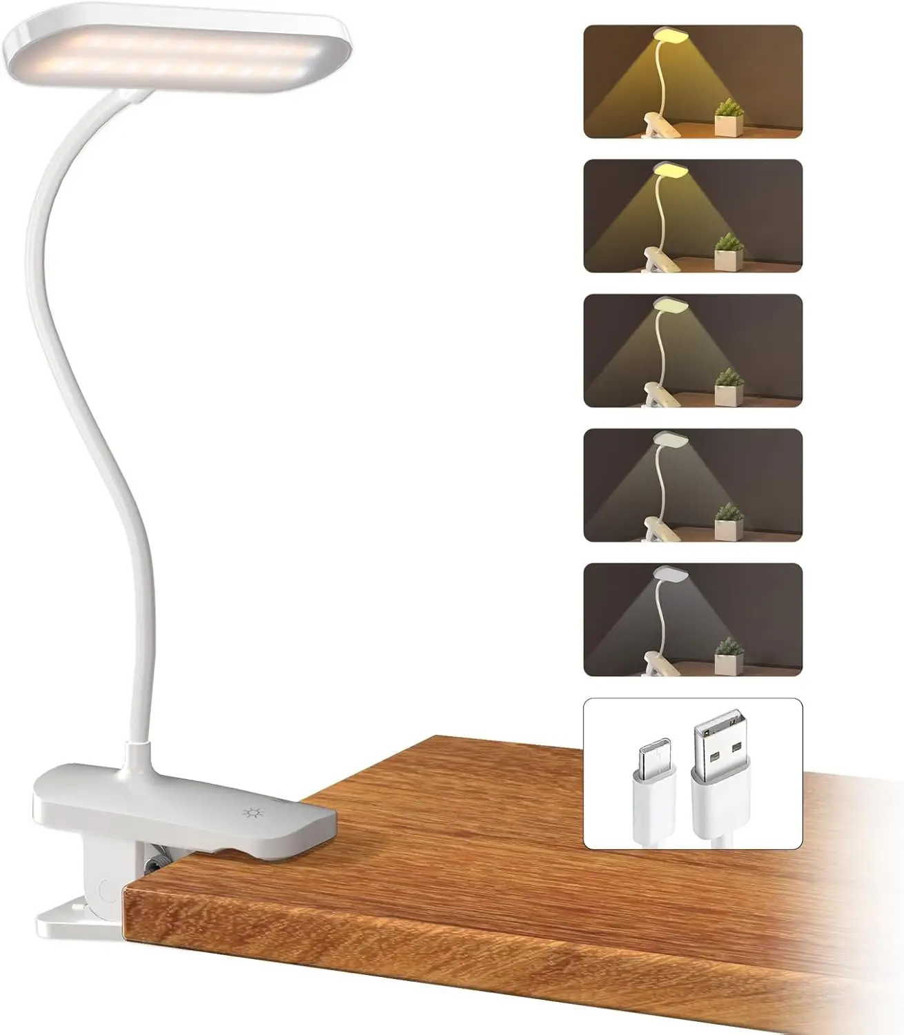 

Flexible LED Desk Lamp with Clamp, Portable Rechargeable Clip Light, 5 Colors & Brightness, Eye-Caring for Reading, Studying, Crafting