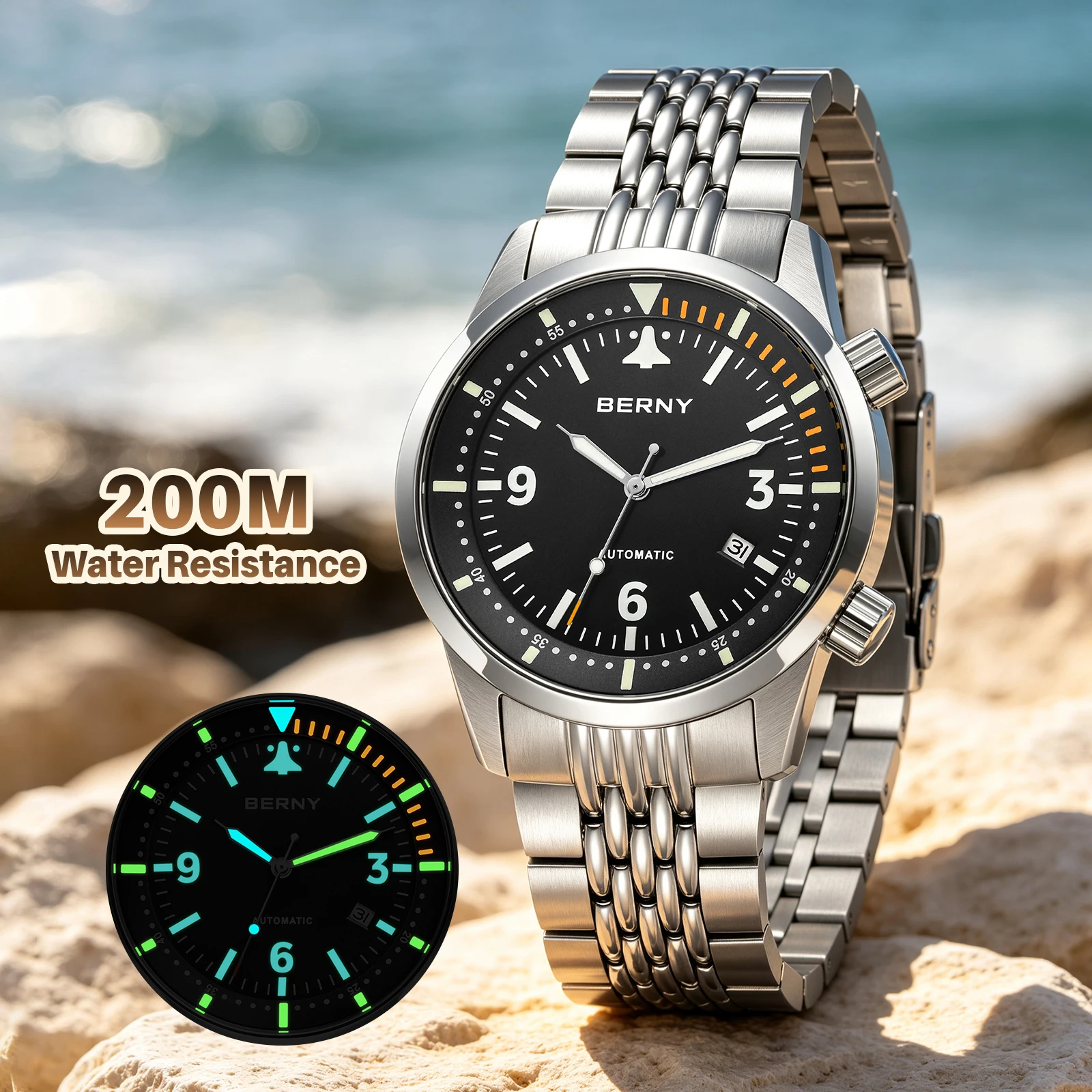 Relojes de buceo automáticos BERNY 20ATM para hombre, relojes de buceo con revestimiento AR de zafiro luminoso superior, relojes originales ST1612 para natación para hombre