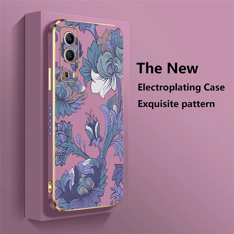 럭셔리 도금 소프트 TPU 폰 케이스 Vivo IQOO Z9 Z9X U5X U1X Neo Z3 Z7 충격 방지 실리콘 렌즈 보호 꽃무늬 커버