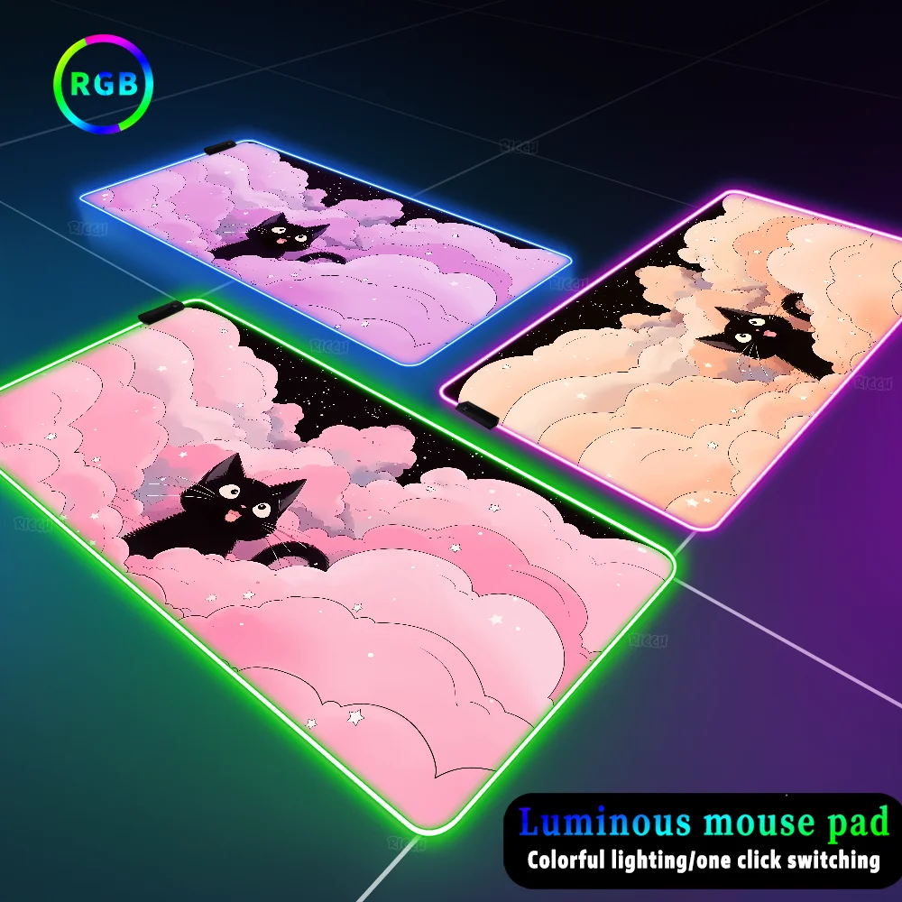 

Mousepad RGB Black Cat Cloud Colorful Lumious Lighting mouse pad keyboard mause kawaii pink carpet Colorful glow 40x90 Large rug