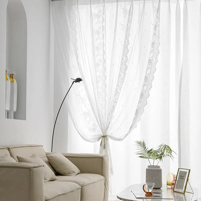 

White Lace Curtain Korean Style Bedroom Window Curtain Door Curtain Sheer Not Transparent Polyester Fabric with Plastic Acces...