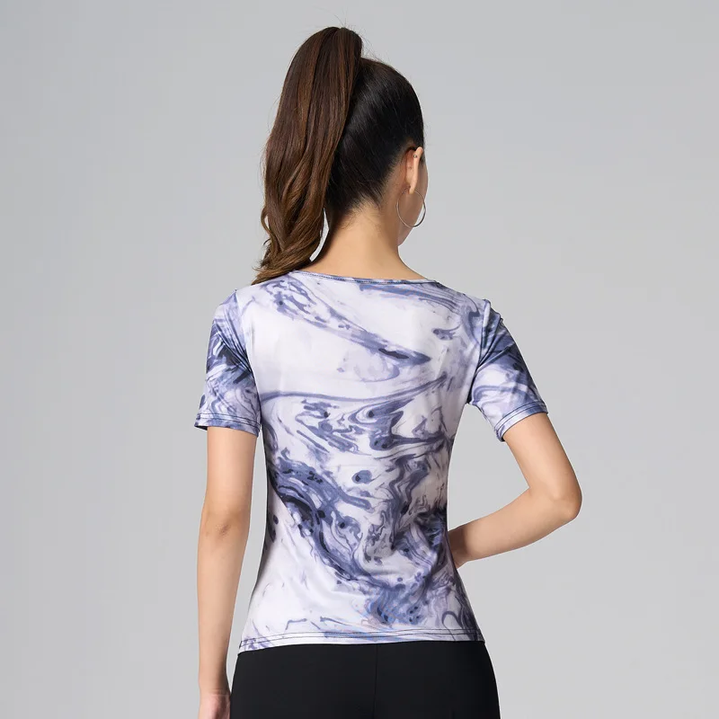 Modern Dance Costume Female Adult 2024 New Ink Wash Painting Printing Latin National Standard Short Sleeves Tops For Women S-4XL