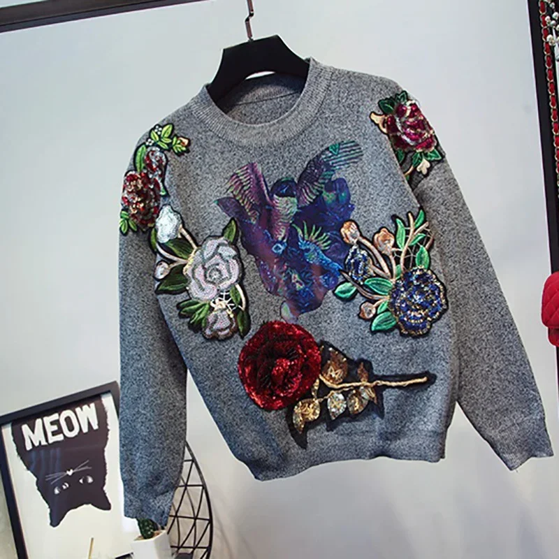

Manual Sequin Flower Embroidery Bird Print Knit Tracksuit Suit Women Casual O Neck Pullover Top Pencil Pant Female Knitwear Sets