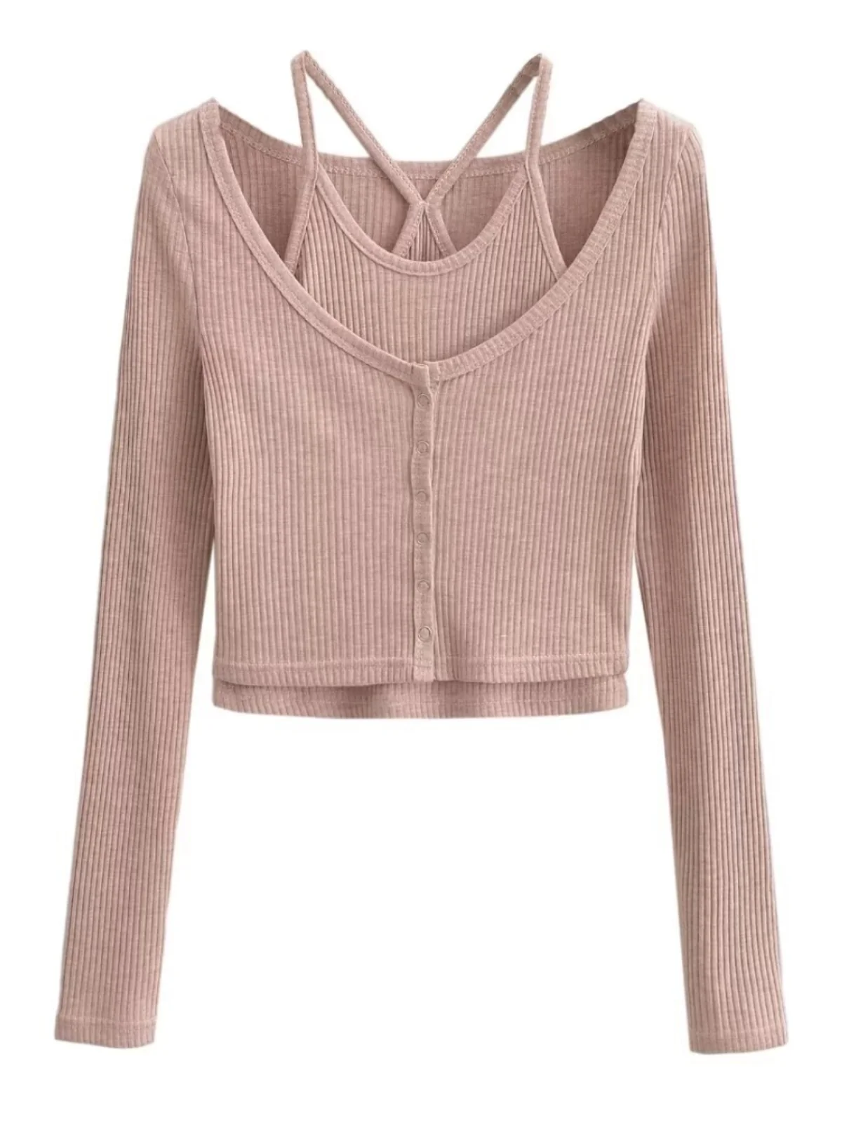 ชุดเซ็ตสองชิ้นทรงเข้ารูปเซ็กซี่ เสื้อยืดสาวฮอต สีเรียบง่าย สไตล์ลำลอง เสื้อท่อนบนใส่ทำงาน แขนยาว คอกลม สำหรับฤดูใบไม้ผลิ...