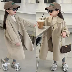 Korean Girl's Woolen Coat Super Cute Casual Trench Coat 2024 Autumn And Winter New Baby Loose Khaki Coat 3 5 7 9Y