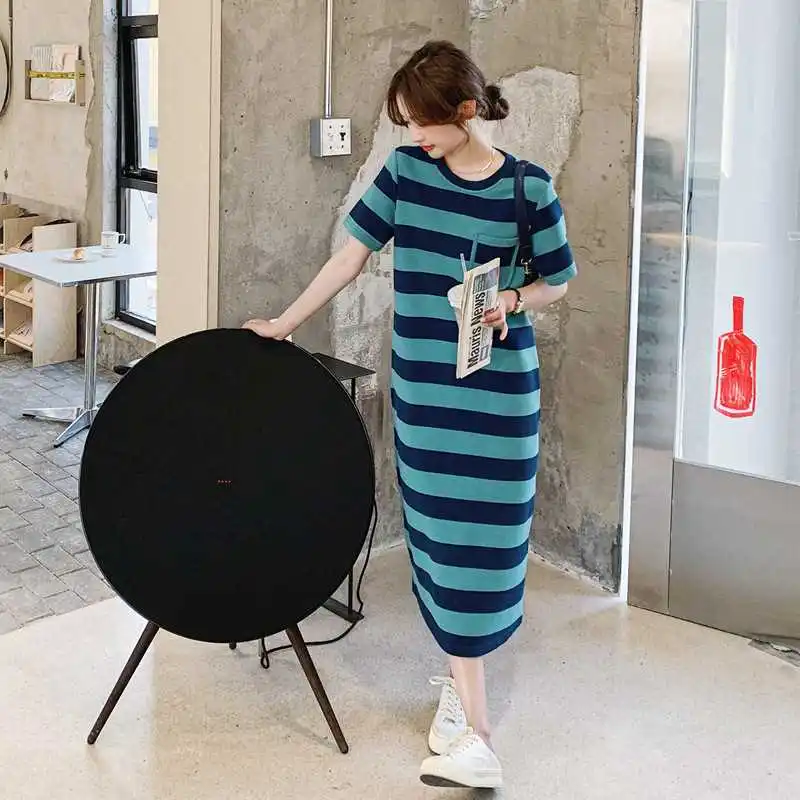 Été nouveau femmes rayé ort Sve t-shirt Dr décontracté trajet Sle taille ample a-ligne jupe en Fiber de Polyester