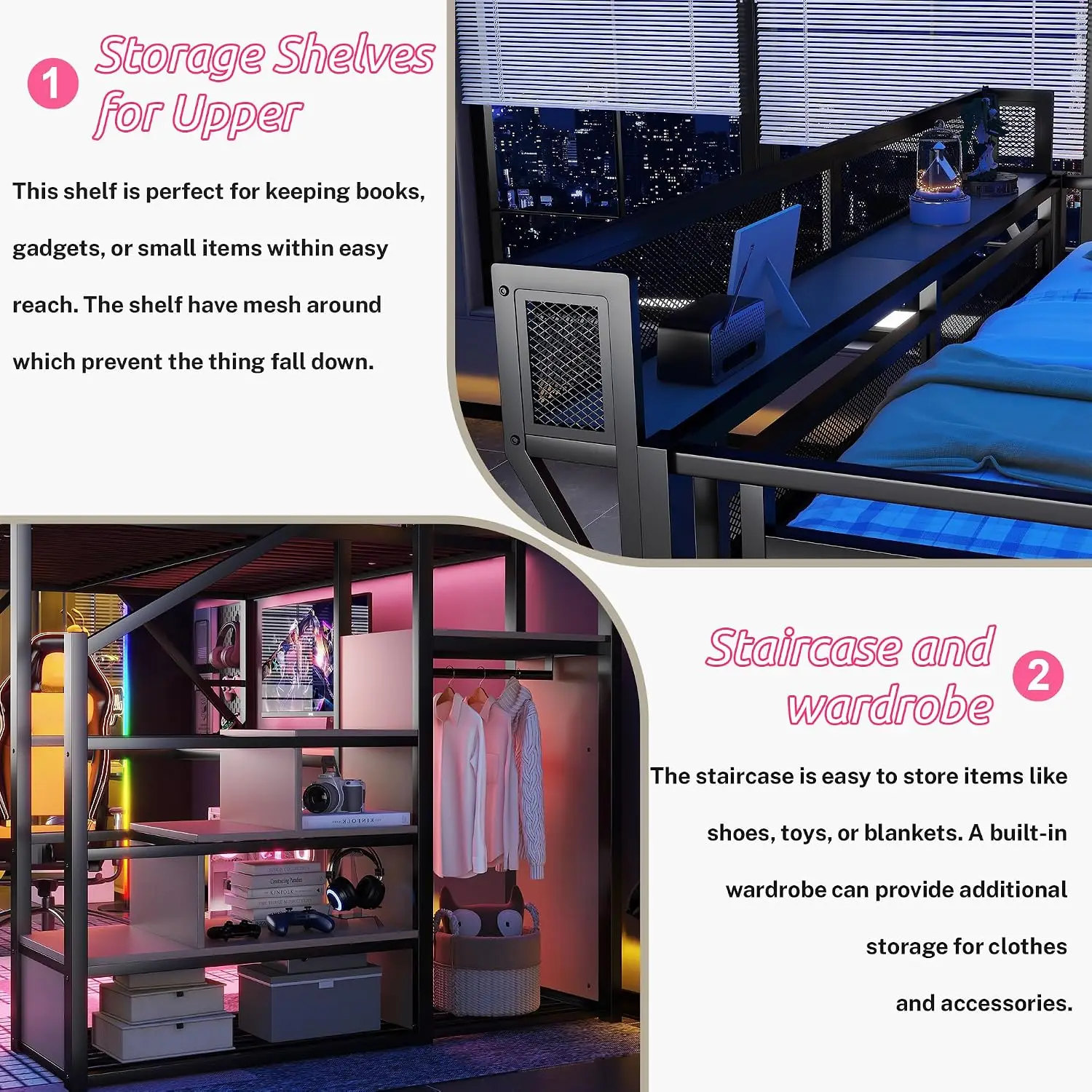 Metal Loft Bed with Desk & RGB LED,Queen with Stairs & Charging,Kids Loft Bed with Storage & Wardrobe,Customized image 6