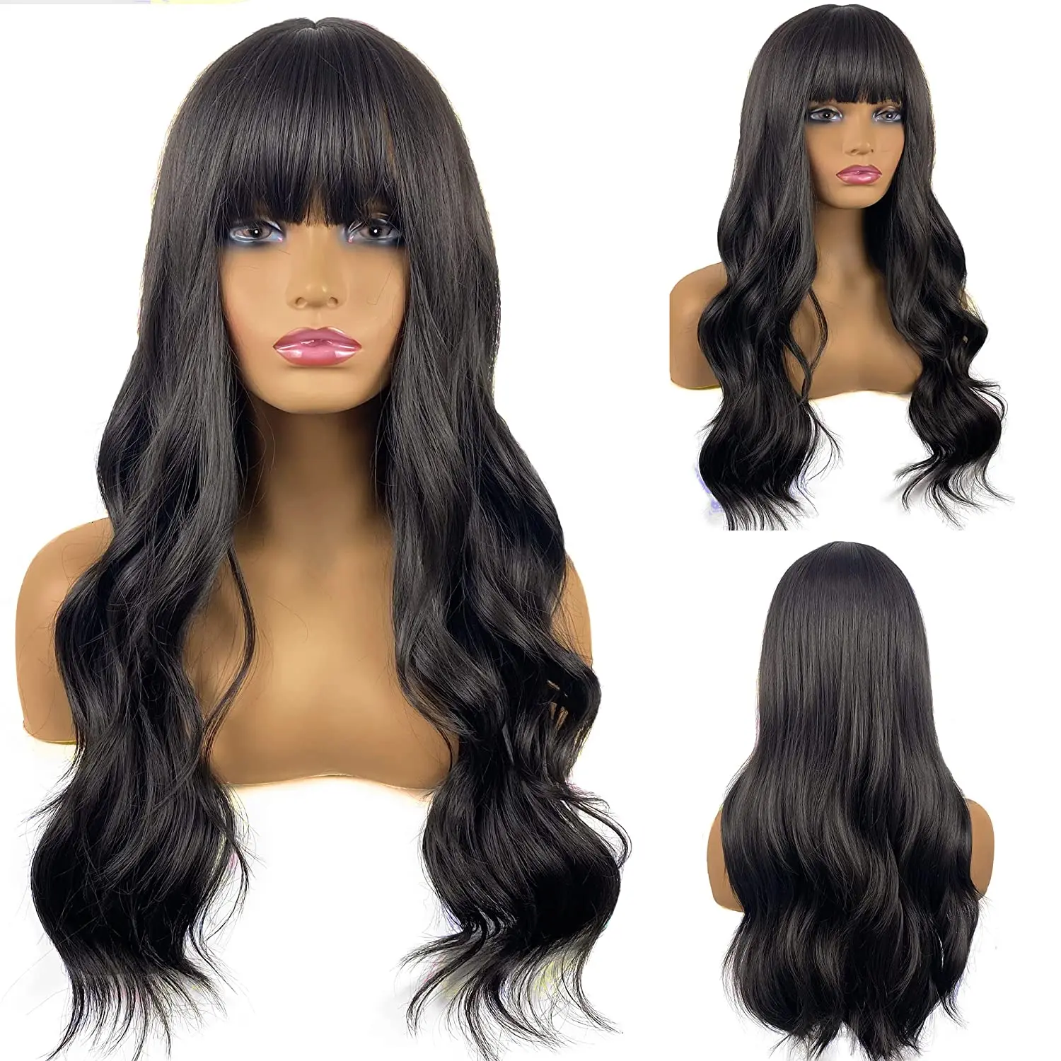 

Long Wavy Wig With Bangs,Black Wavy Wig for Women Natural Looking Heat Resistant Synthetic Curly Hair Wigs for Daily long wig