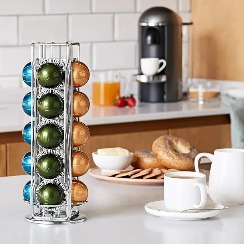 Metal Coffee Pod Storage Holder 360° Rotation Coffee Capsule Dispenser Holds 20 Vertuoline Capsules Home Use Storage Rack