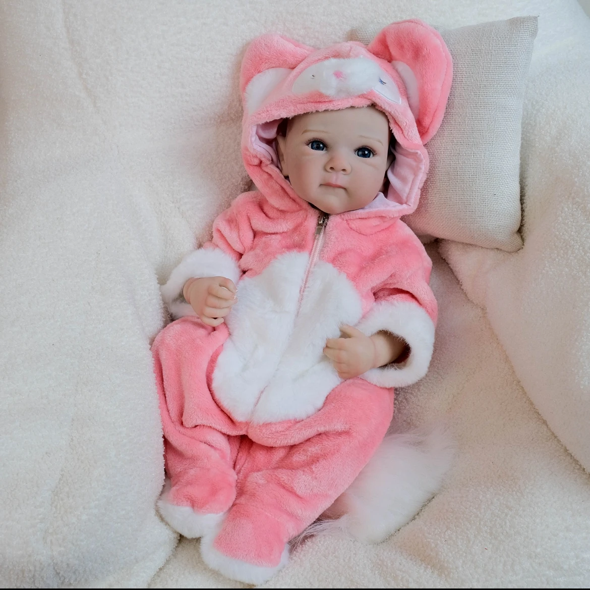 

18'' Reborn Baby Doll Bettie in Cozy Pink Fox Print Footed Sleeper Best Birthday Gift for Kids Soft Body Hand-Painted Details