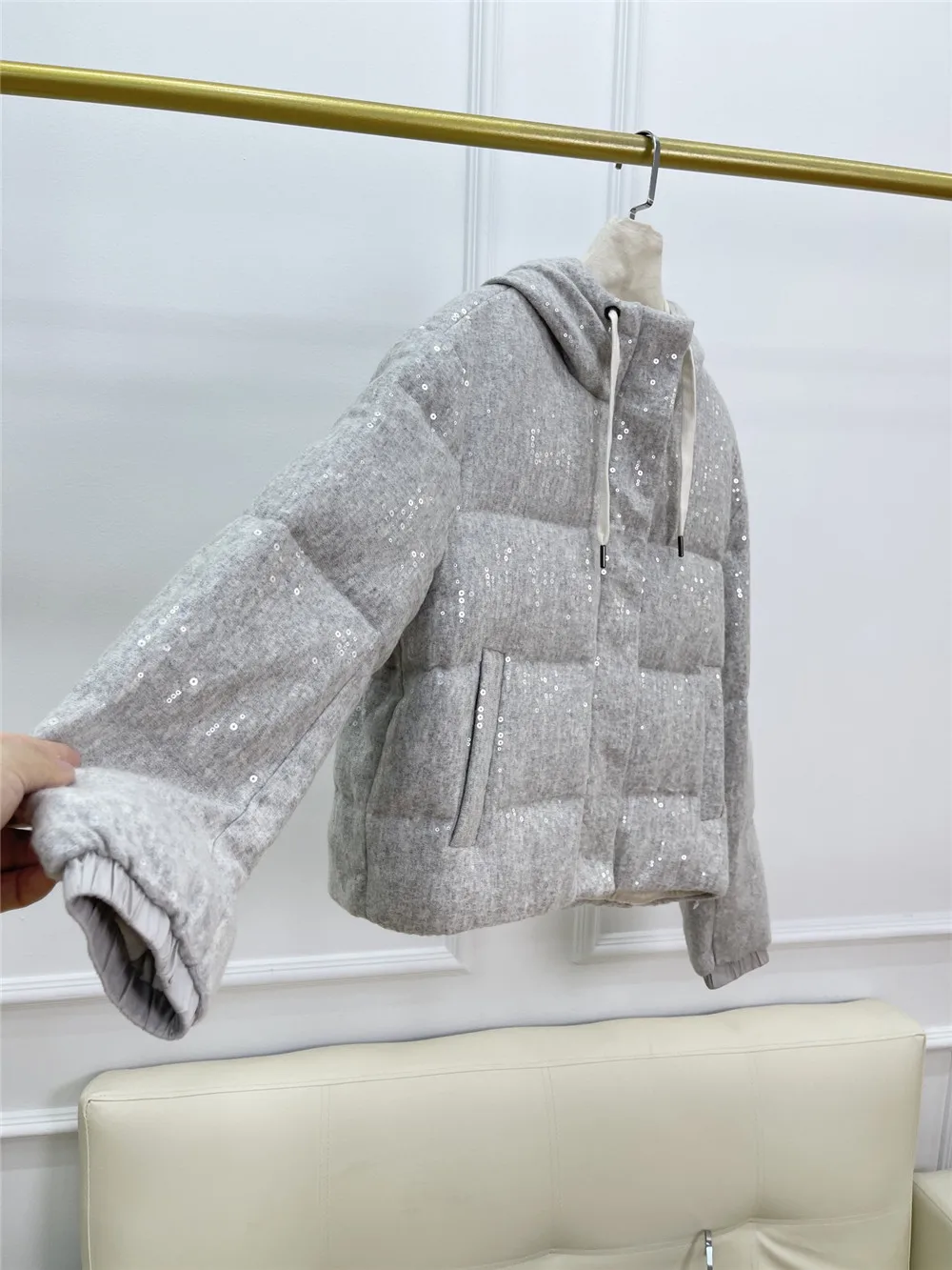 Heavy Beaded Sequined Hooded Goose Down Coat ผู้หญิงซิปหนาลงเสื้อแจ็คเก็ตฤดูใบไม้ร่วงฤดูหนาวใหม่