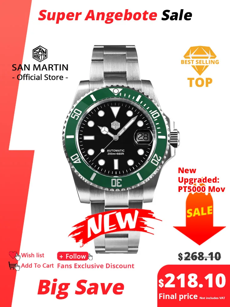 San Martin New 40mm Water Ghost Diver Watch Men Luxury NH35 PT5000 Automatic Mechanical Watch Sapphire Waterproof 200m SN0017