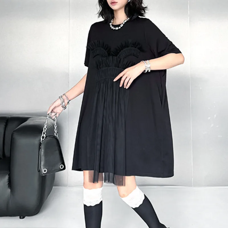 HKSH Herfst Nieuwe Vrouwen Niche Ontwerp Tij Donkere Streetwear Mode Mesh Patchwork Jurk Trend Losse Halflange T-shirt Jurk HK8266