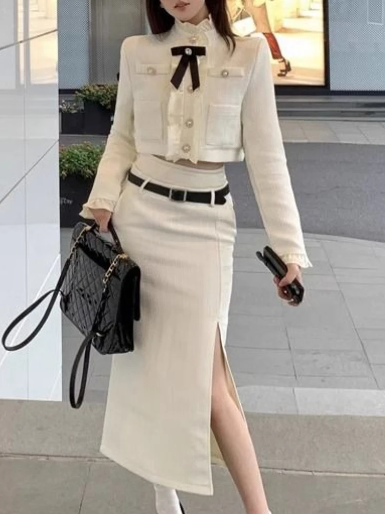 

Французская мода, элегантные офисные женские комплекты из 2 предметов, женский дизайн, короткая куртка + юбки до бедра, японские повседневные винтажные наряды