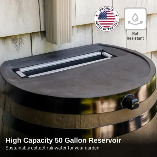 Woodgrain‑Finish 50‑Gallon Flat‑Back Rain‑Water Collection Barrel with Black Decorative Stripes and Included Support Stand, Space‑Saving Outdoor Rain‑Harvesting Storage Container for Garden, Backyard & Patio Irrigation