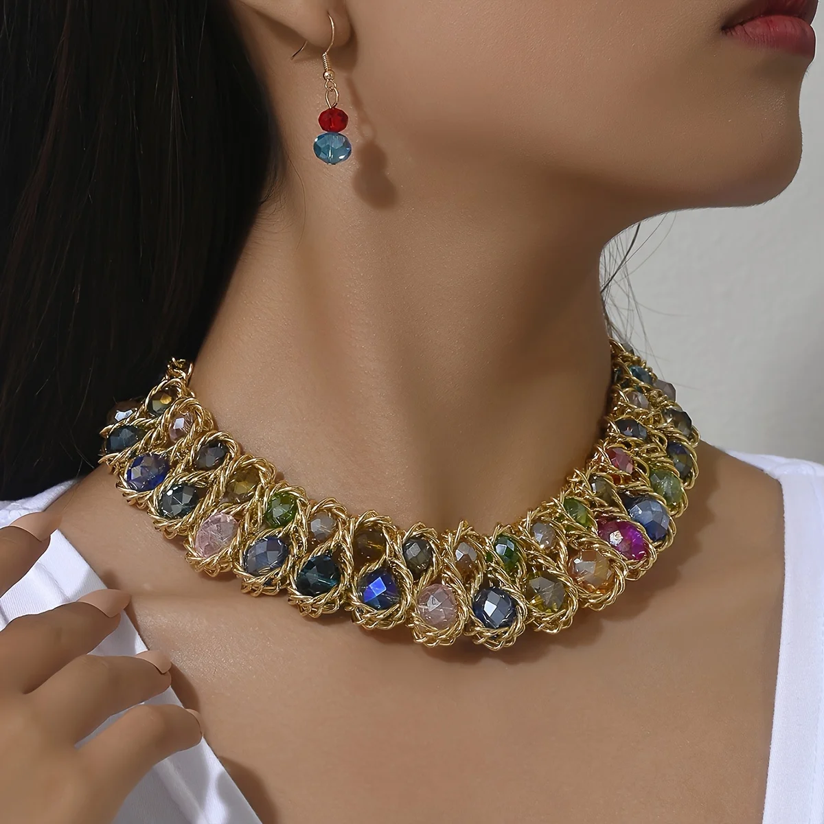 1 pair of earrings + 1 collar Boho style jewelry set with rhinestones in multiple colors for your daily party accessories
