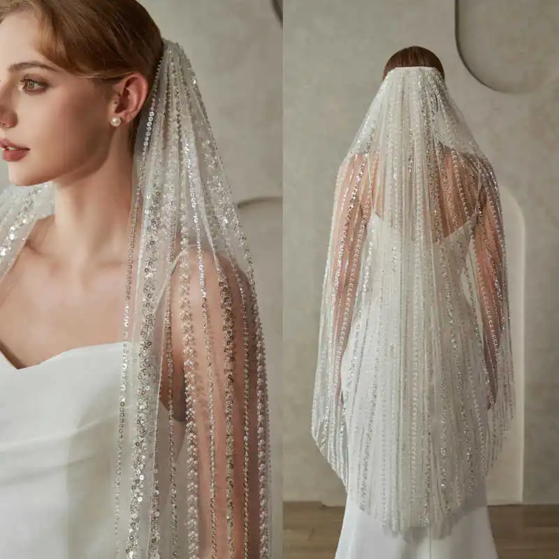 

Shining Wedding Bridal Veil One Layer Lace Beading Sequin With Comb Wedding Accessories Customized velos de novia